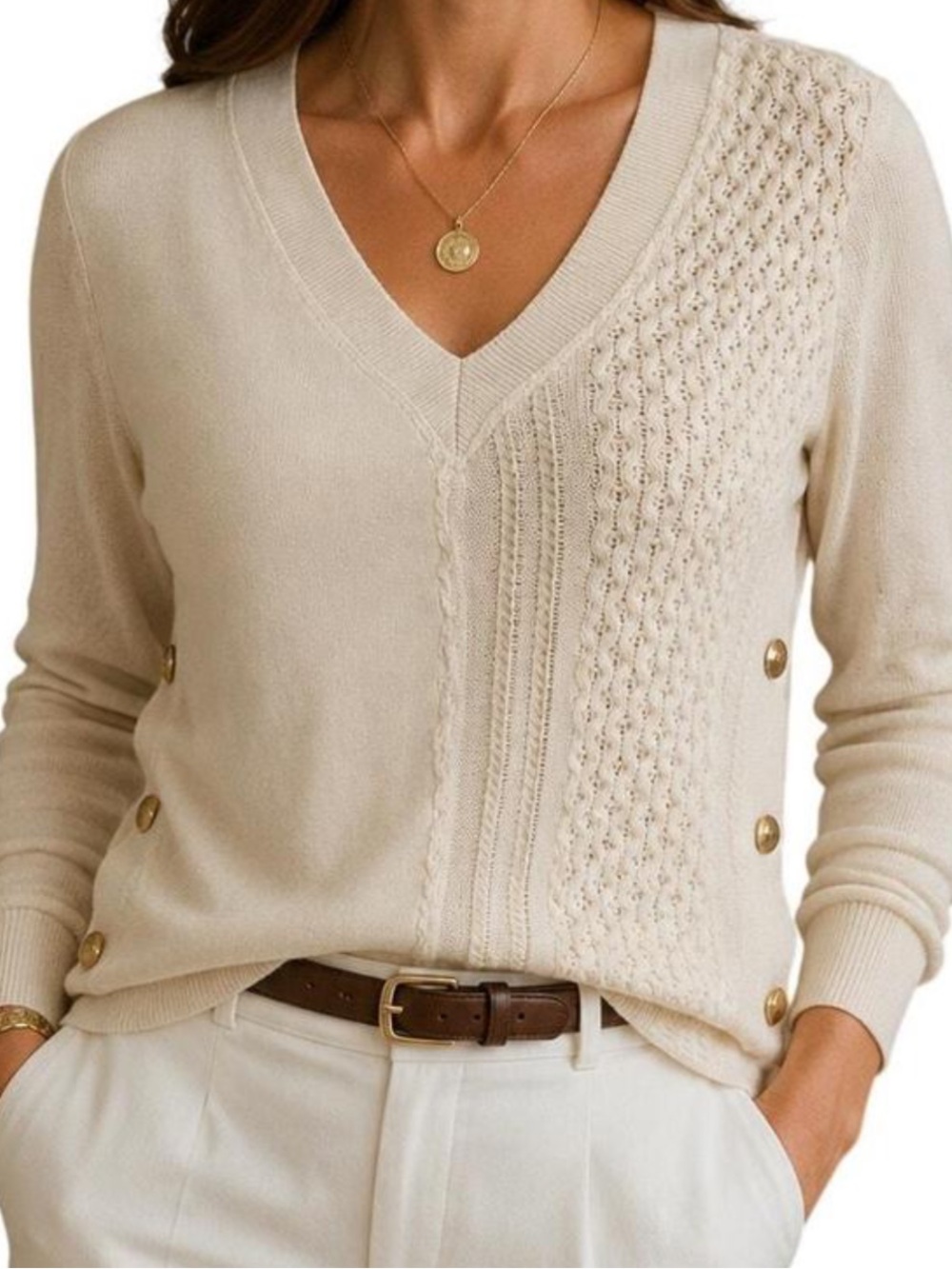 Anthro Saturday Sunday Womens Acana V Neck Cream Sweater, Size Large
